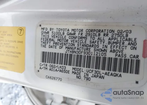 2003 Lexus Ls 430 z USA, uszkodzony, nr VIN JTHBN30F930112105